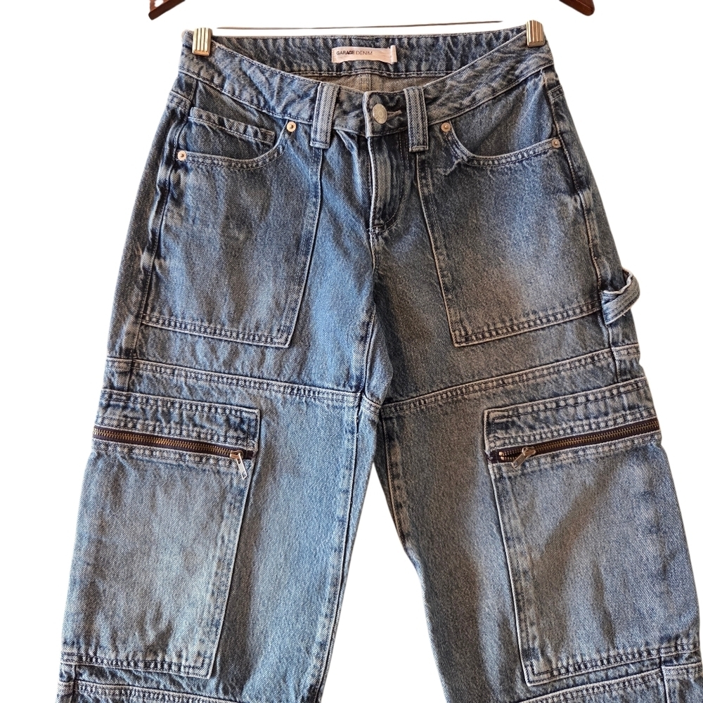 Garage Women's Jeans Size 24 Blue Cotton Denim Cargo Pants Wide Leg Y2K - Picture 3 of 14